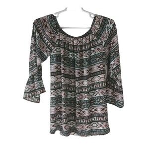 Emma Rose Women's‎  Geometric Print Elastic  Scoop Neck Casual Top Sz Small